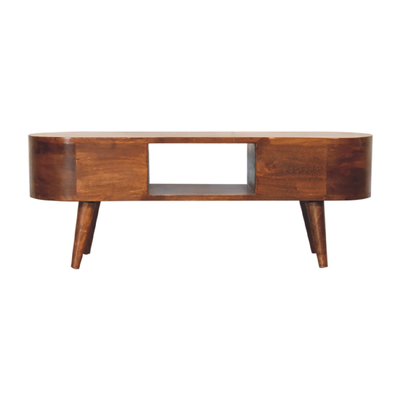 Solid Mango Wood Chestnut Finished 2 Drawer 1 Slot Round Open Media Unit - Image 10