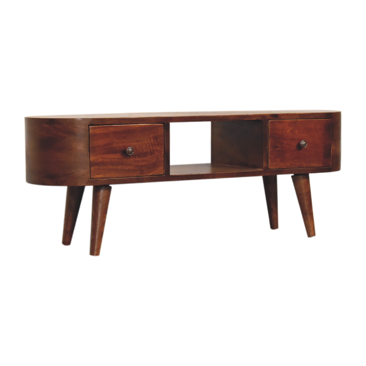Solid Mango Wood Chestnut Finished 2 Drawer 1 Slot Round Open Media Unit - Image 2