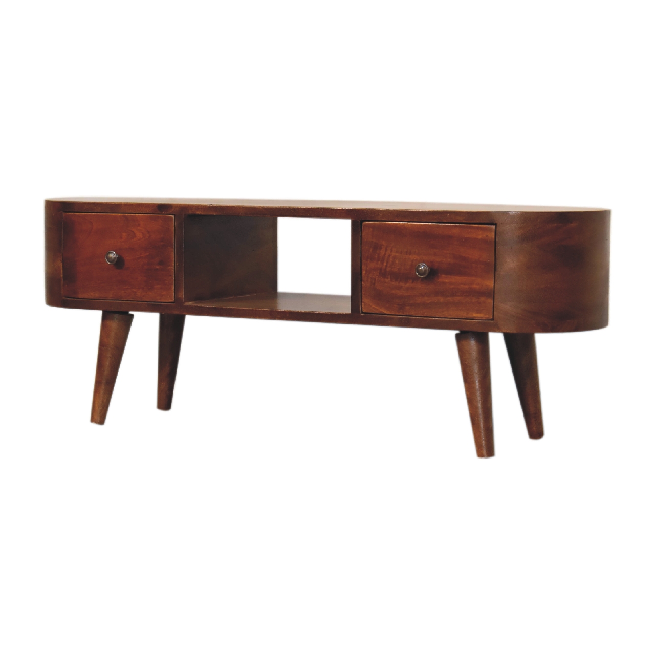 Solid Mango Wood Chestnut Finished 2 Drawer 1 Slot Round Open Media Unit - Image 3