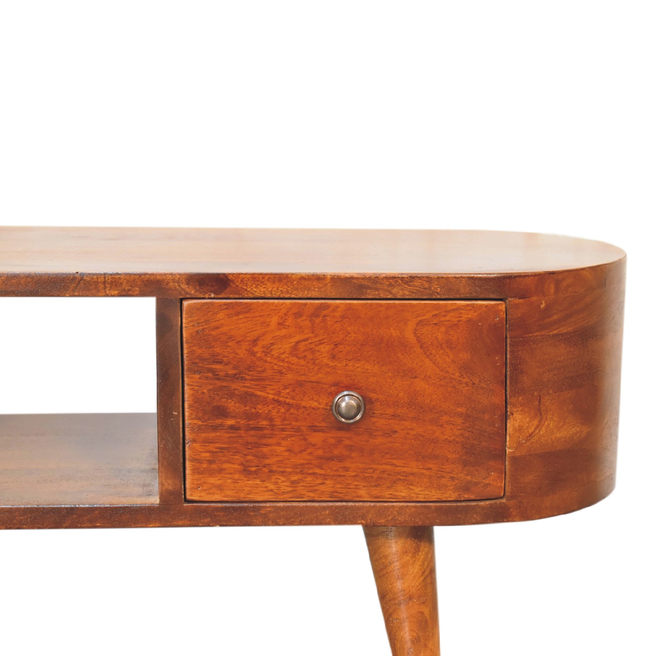 Solid Mango Wood Chestnut Finished 2 Drawer 1 Slot Round Open Media Unit - Image 4
