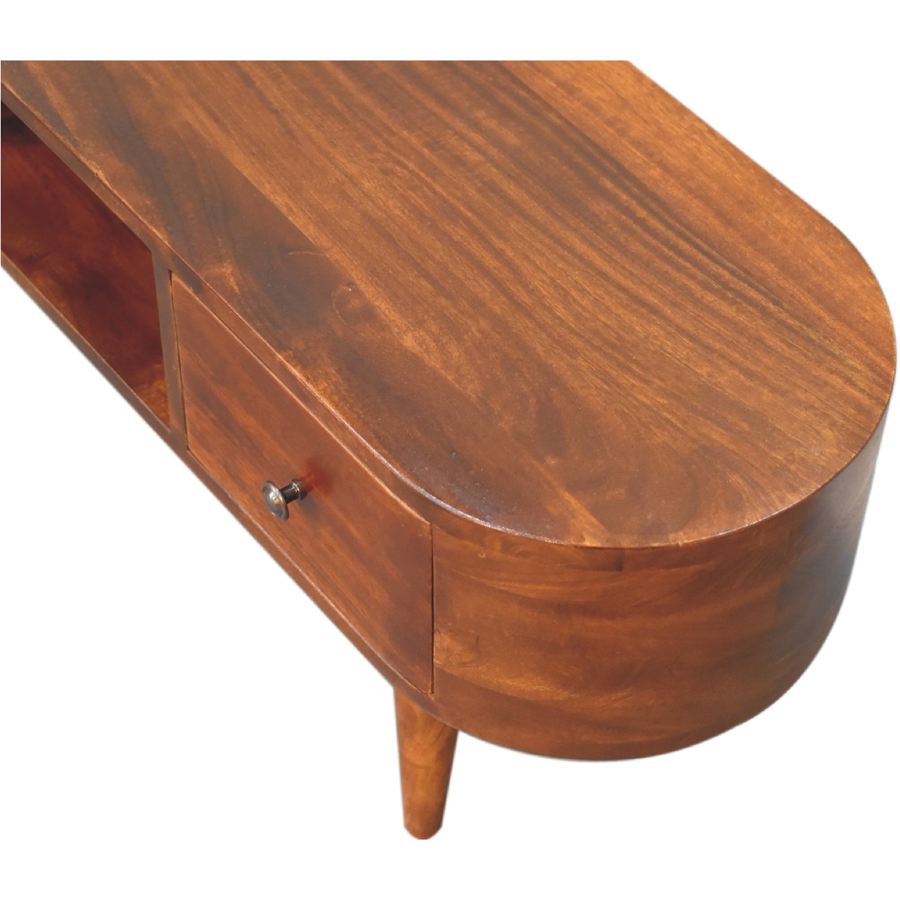 Solid Mango Wood Chestnut Finished 2 Drawer 1 Slot Round Open Media Unit - Image 5