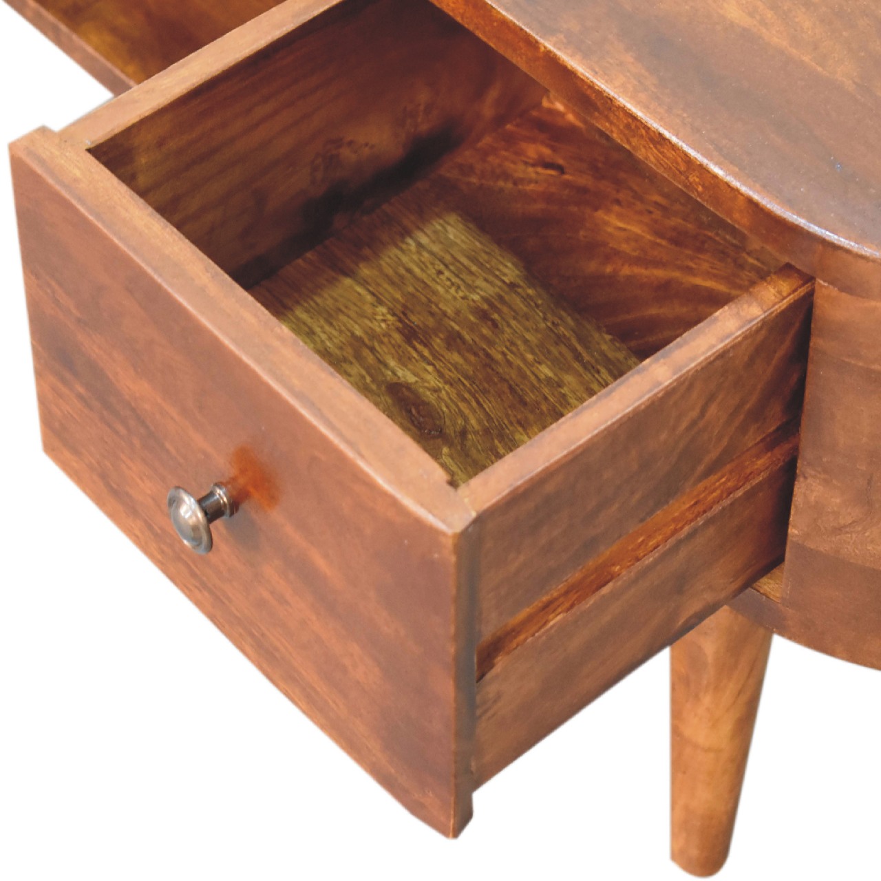 Solid Mango Wood Chestnut Finished 2 Drawer 1 Slot Round Open Media Unit - Image 6