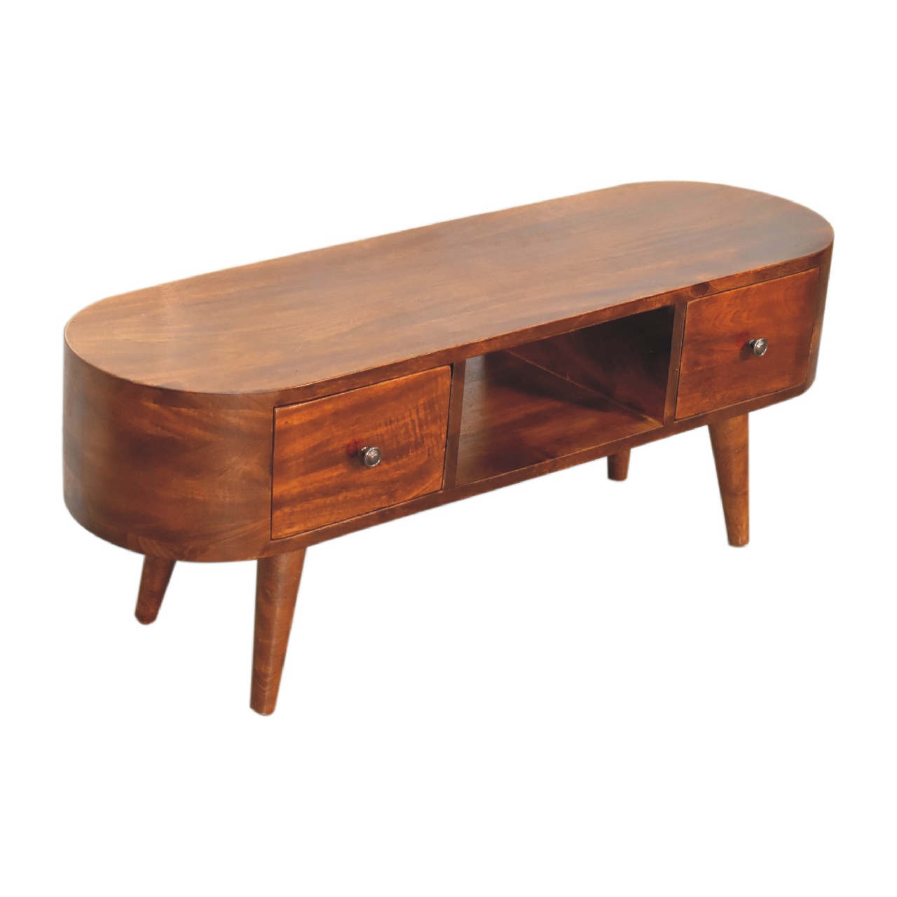 Solid Mango Wood Chestnut Finished 2 Drawer 1 Slot Round Open Media Unit - Image 7