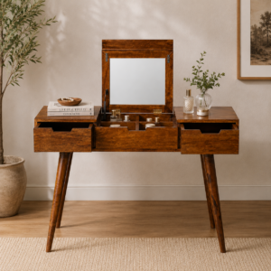 Solid Mango Wood Chestnut Finished 2 Drawer 1 Compartment Foldable Mirror Table