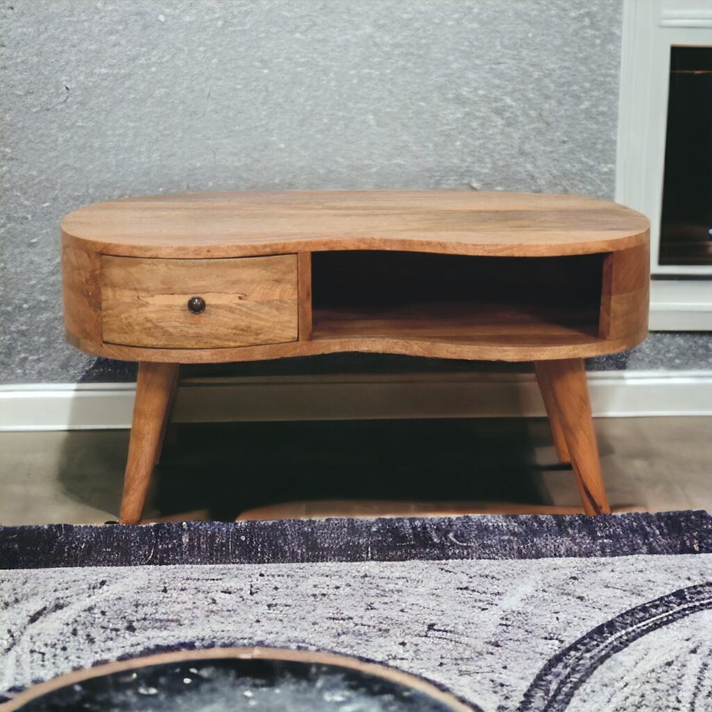 Solid Mango Wood Oak Finished 1 Drawer Wave Coffee Table