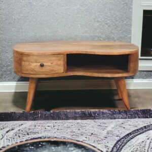 Solid Mango Wood Oak Finished 1 Drawer Wave Coffee Table