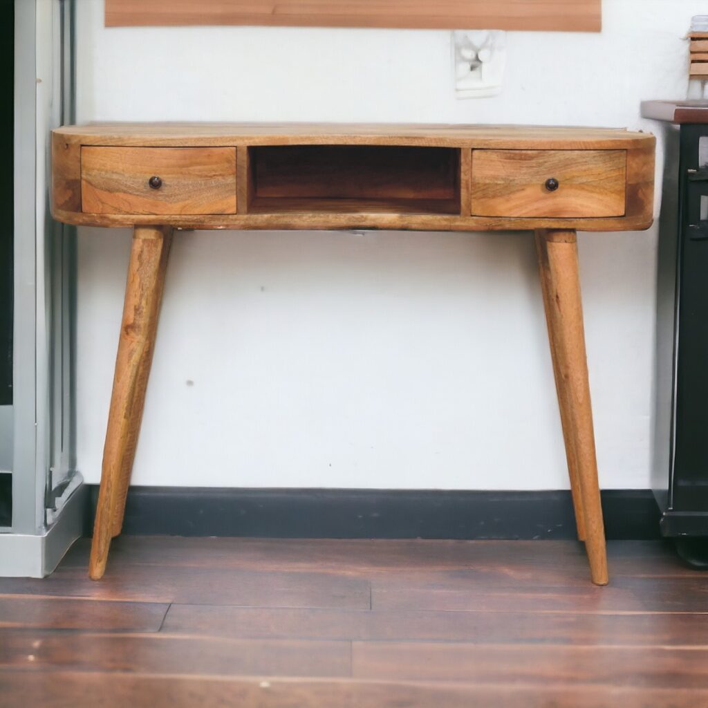 Solid Mango Wood Oak Finished Wave Curved 2 Drawer Desk