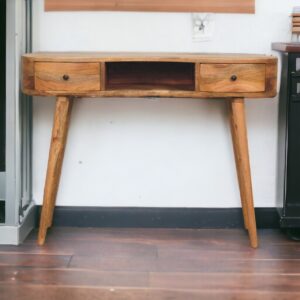 Solid Mango Wood Oak Finished Wave Curved 2 Drawer Desk