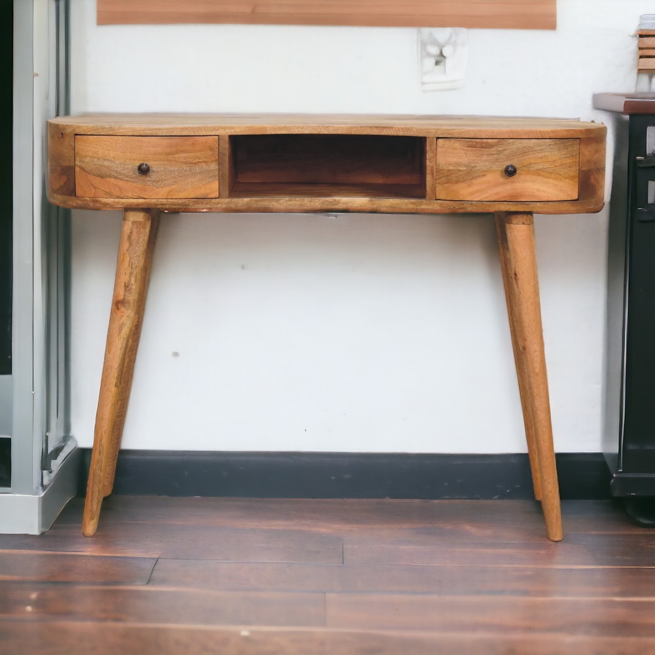 Solid Mango Wood Oak Finished Wave Curved 2 Drawer Desk