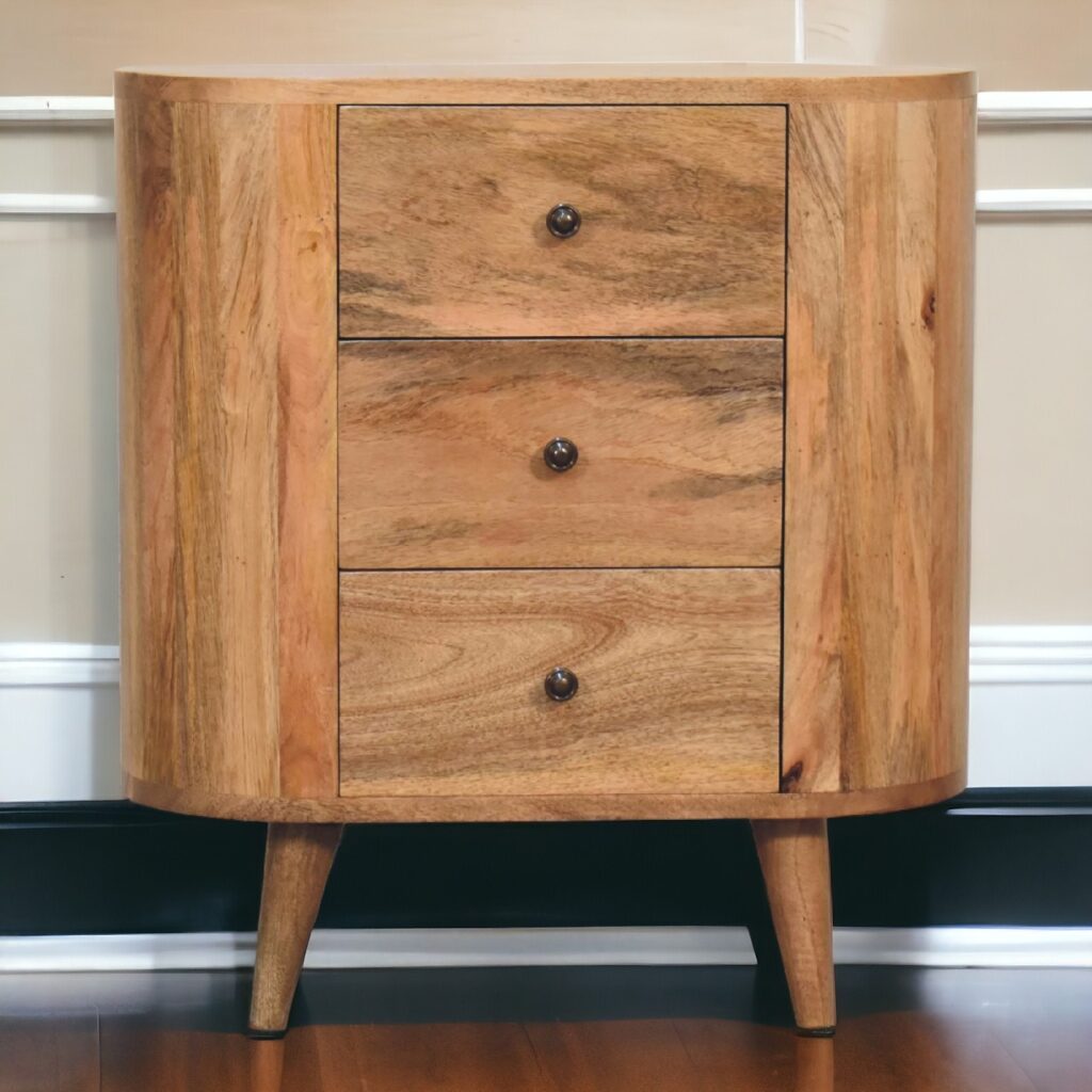 Solid Mango Wood Oak Finished 3 Drawer Mini Cabinet