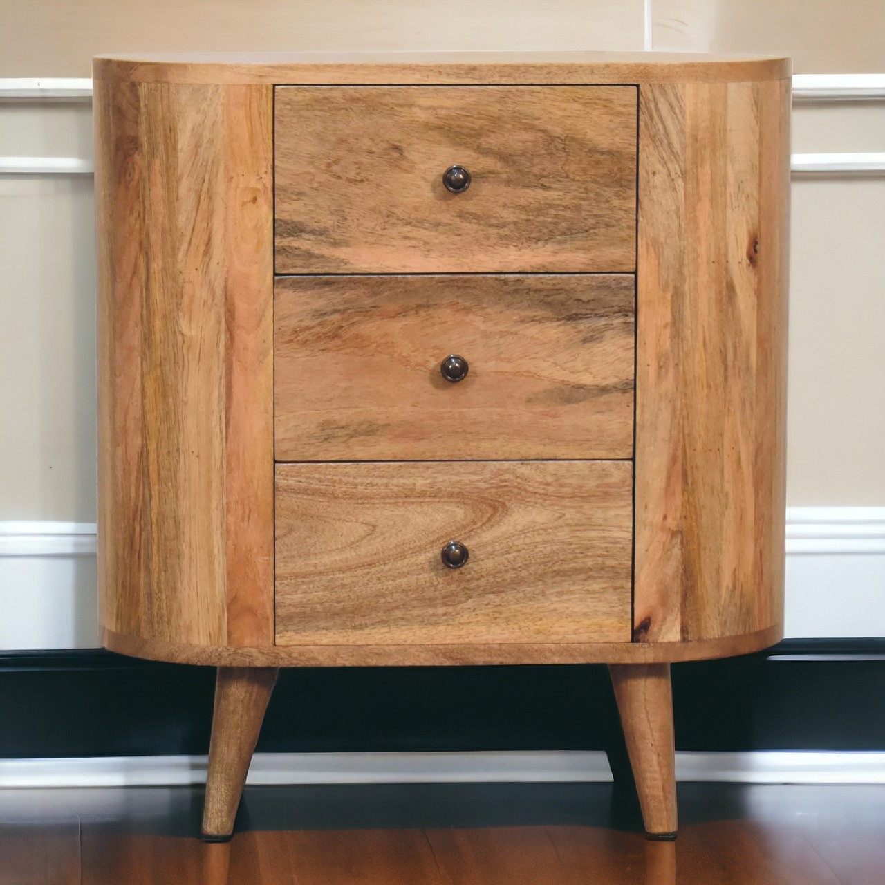 Solid Mango Wood Oak Finished 3 Drawer Mini Cabinet