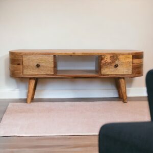 Solid Mango Wood Oak Finished 2 Drawer 1 Slot Mini Rounded Entertainment Unit