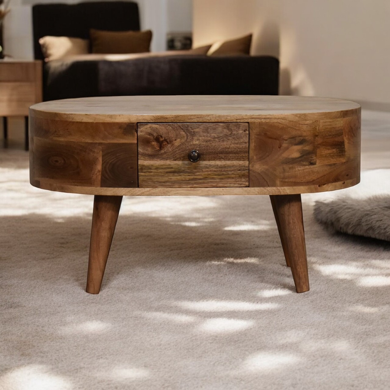 Solid Mango Wood Oak Finished 2 Drawer Rounded Coffee Table
