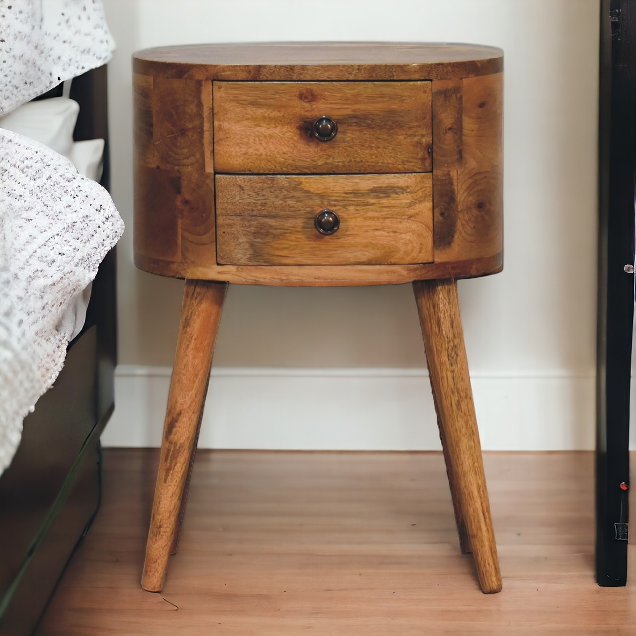 Solid Mango Wood Oak Finished Rounded 2 Drawer Bedside