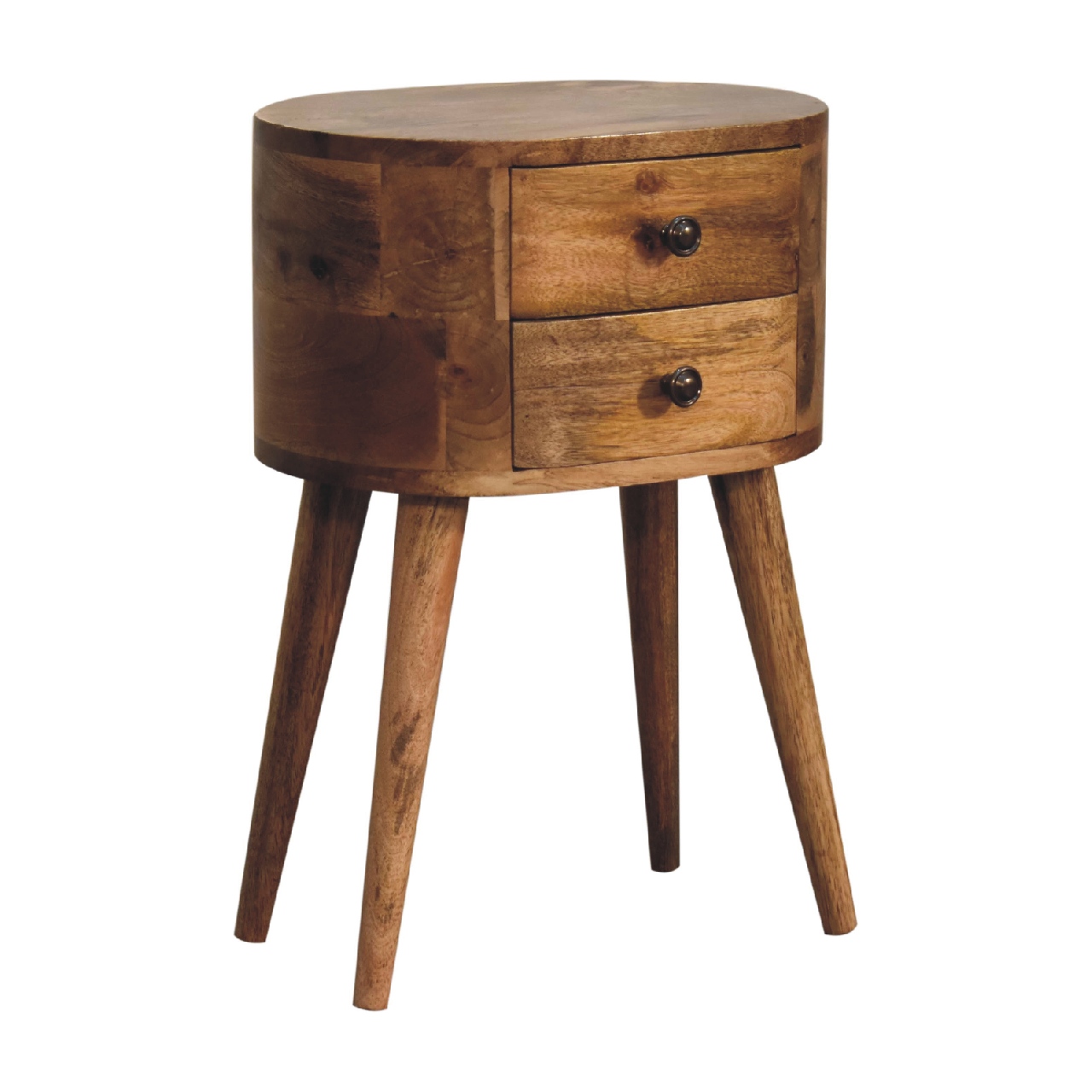 Solid Mango Wood Oak Finished Rounded 2 Drawer Bedside - Image 2