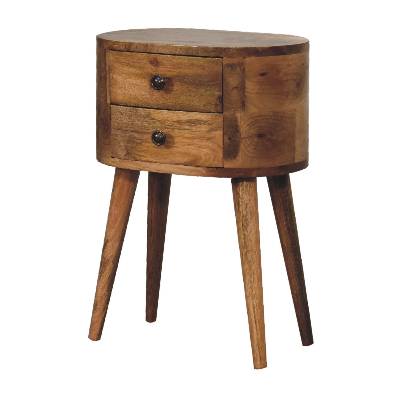 Solid Mango Wood Oak Finished Rounded 2 Drawer Bedside - Image 3