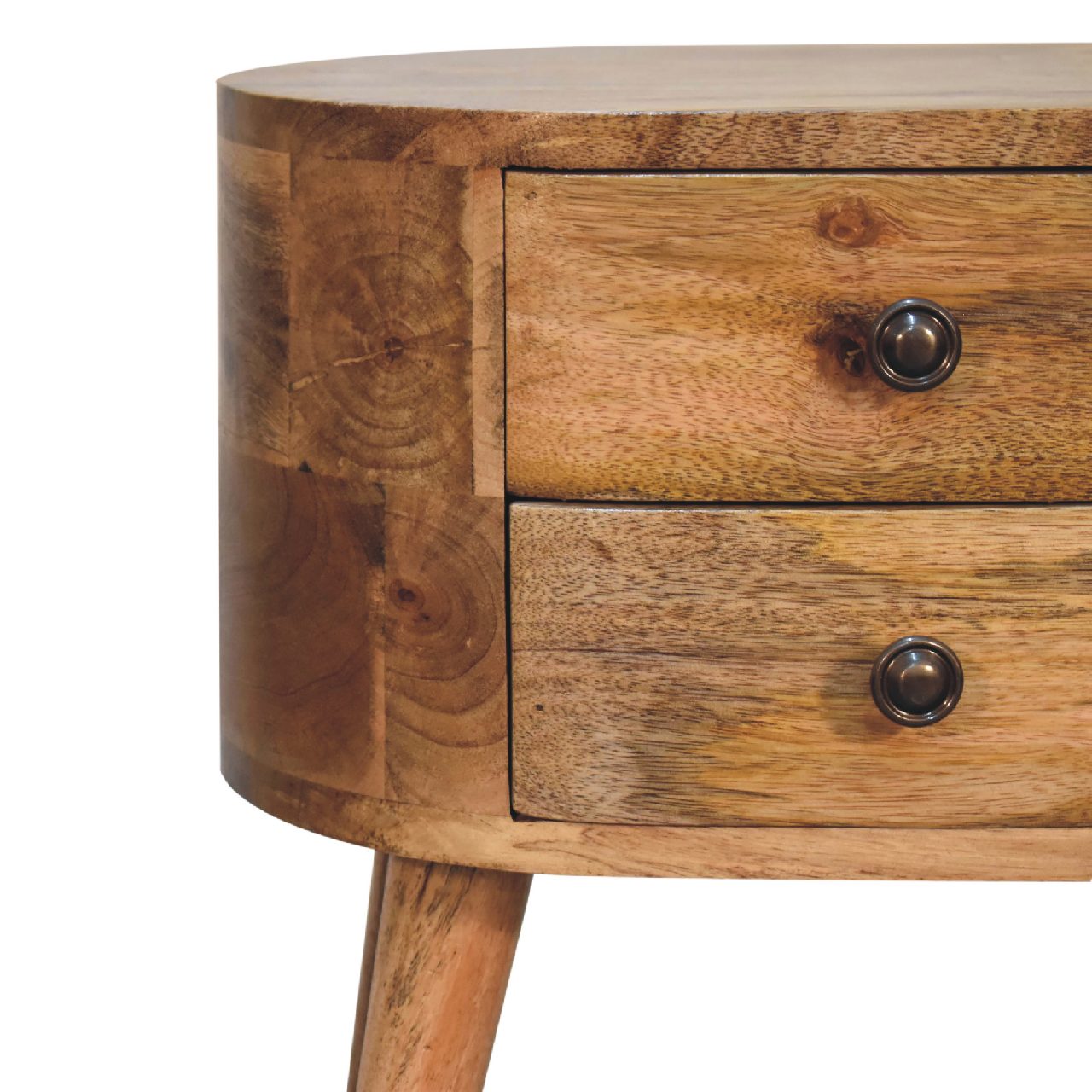Solid Mango Wood Oak Finished Rounded 2 Drawer Bedside - Image 4