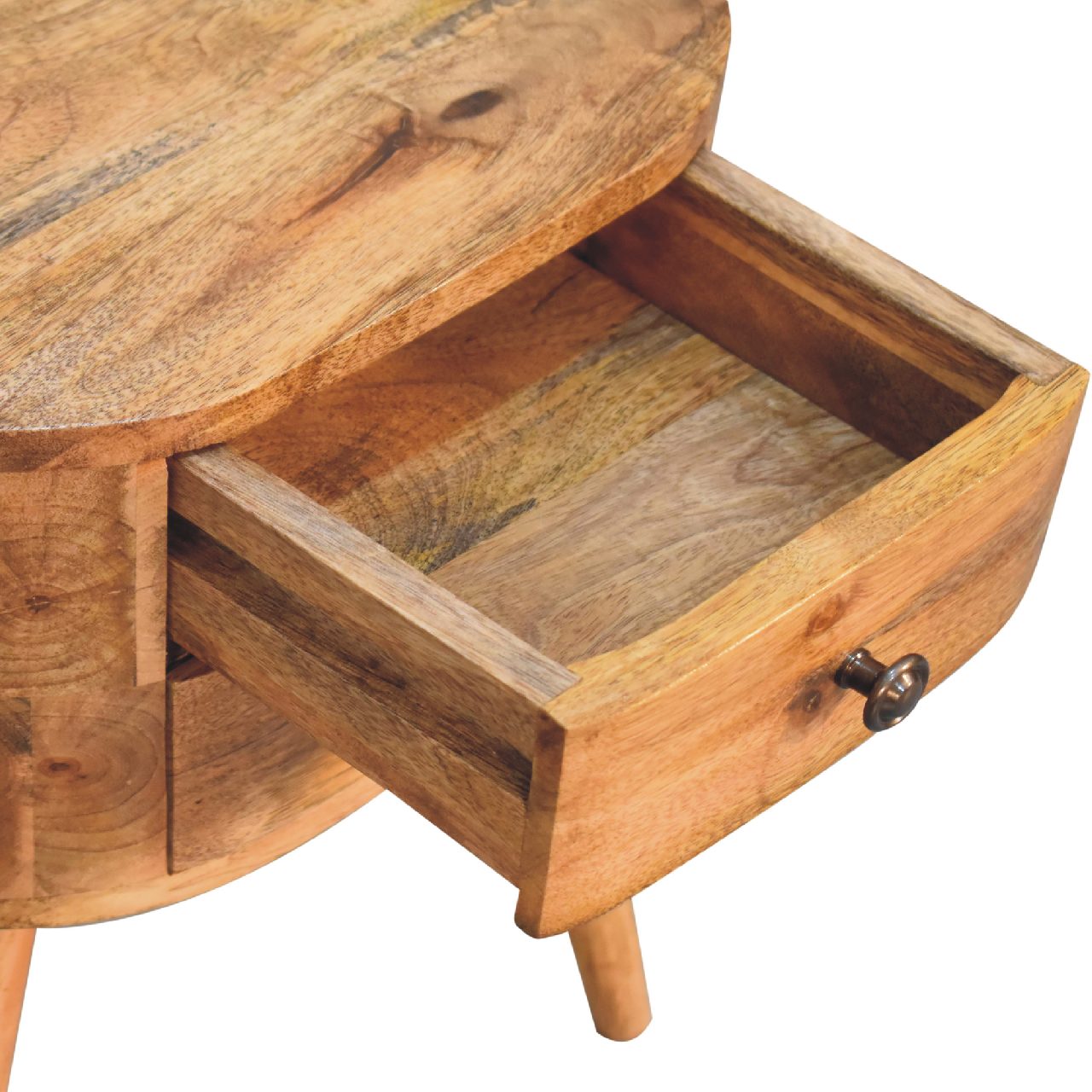 Solid Mango Wood Oak Finished Rounded 2 Drawer Bedside - Image 6