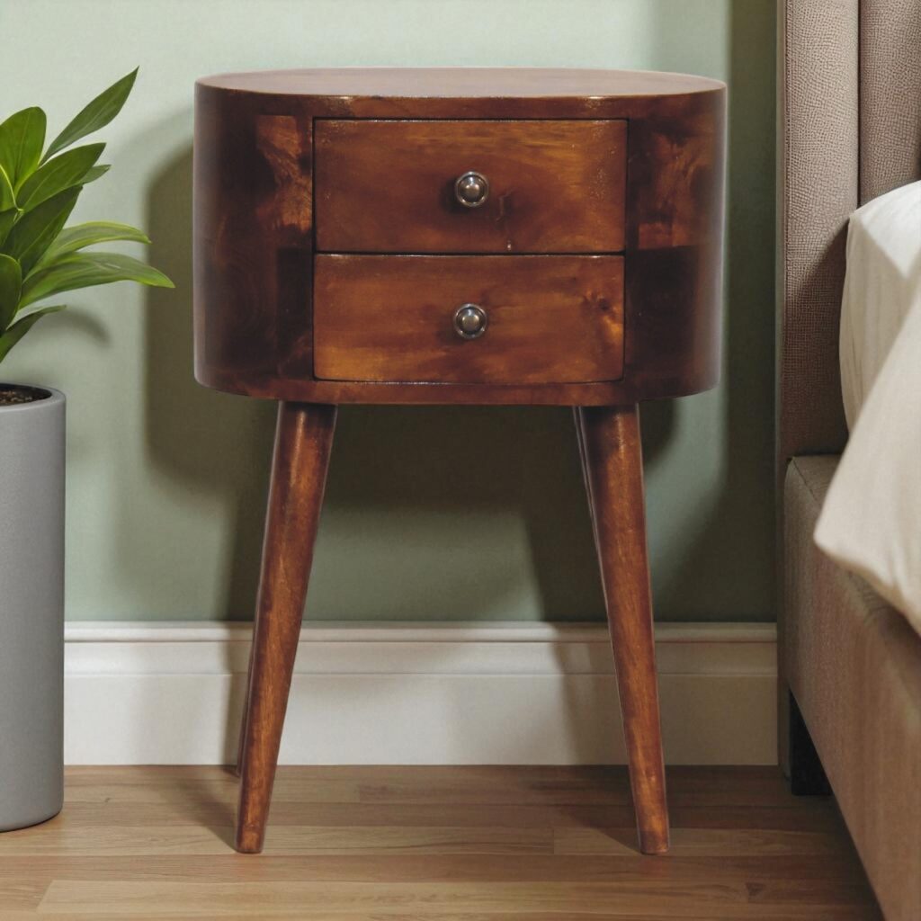 Solid Mango Wood Chestnut Finished Mini Rounded Bedside Table