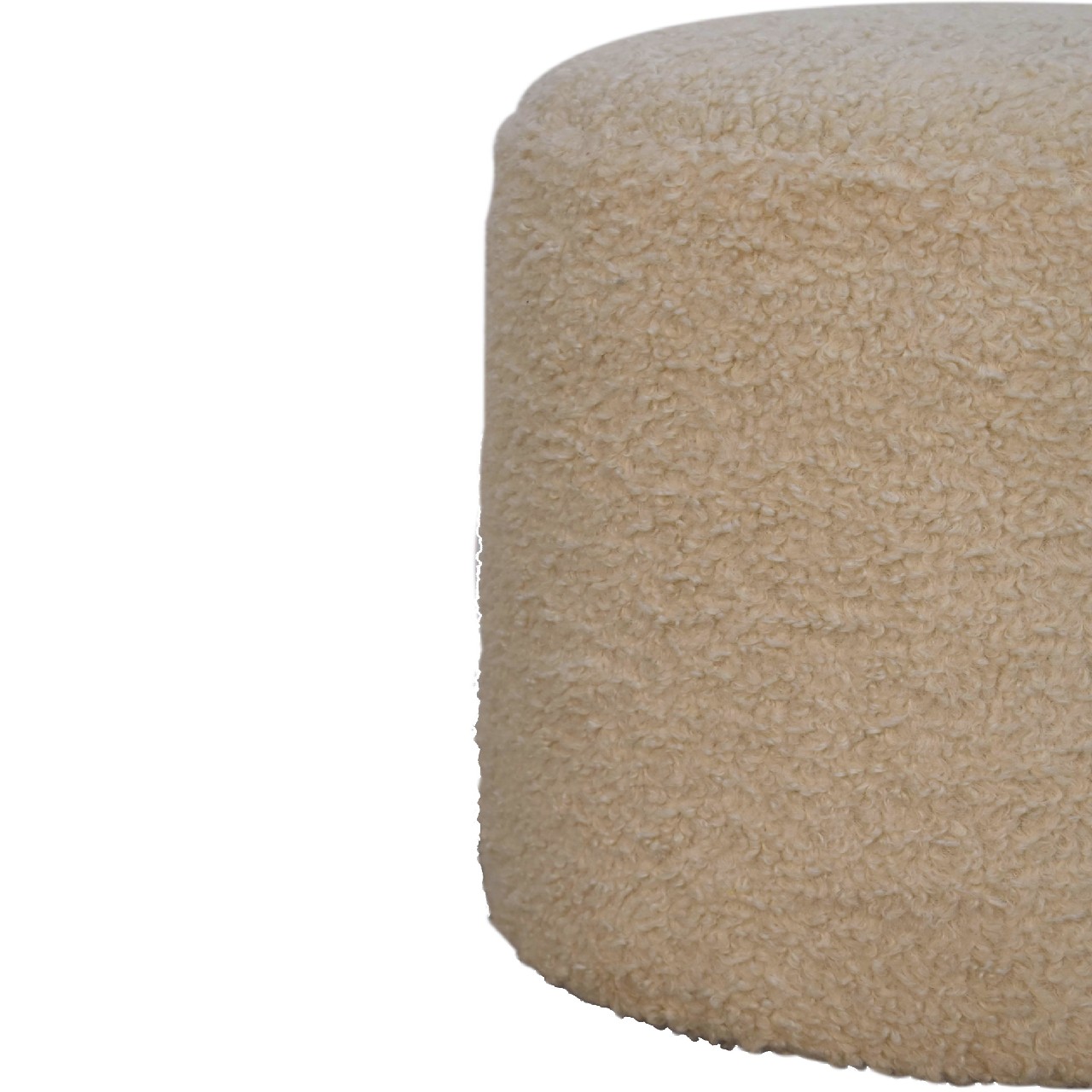 Solid Mango Wood Cream Boucle Upholstered Round Footstool - Image 5