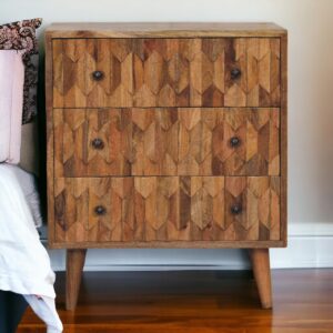 Solid Mango Wood Oak Finished Pineapple Patterned 3 Drawer Mini Chest