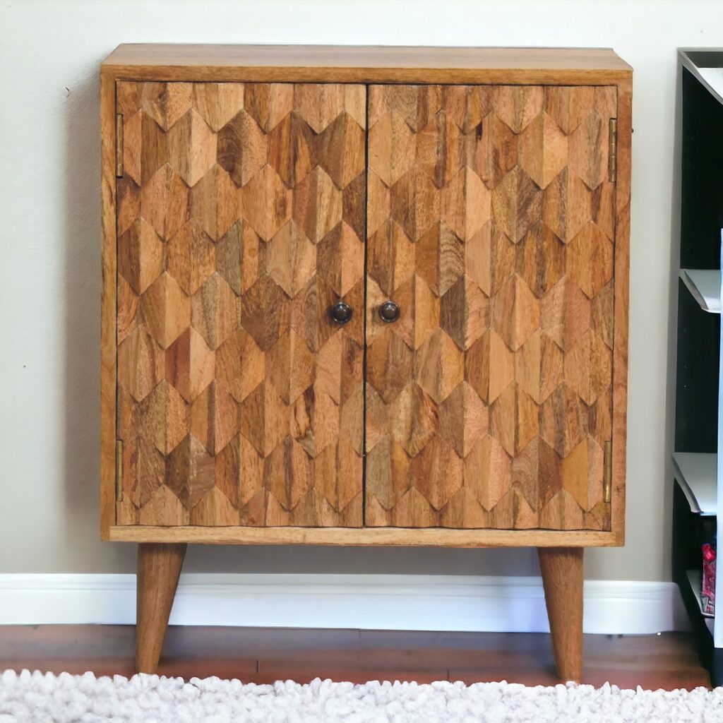 Solid Mango Wood Oak Finished Pineapple Patterned 2 Door Cabinet