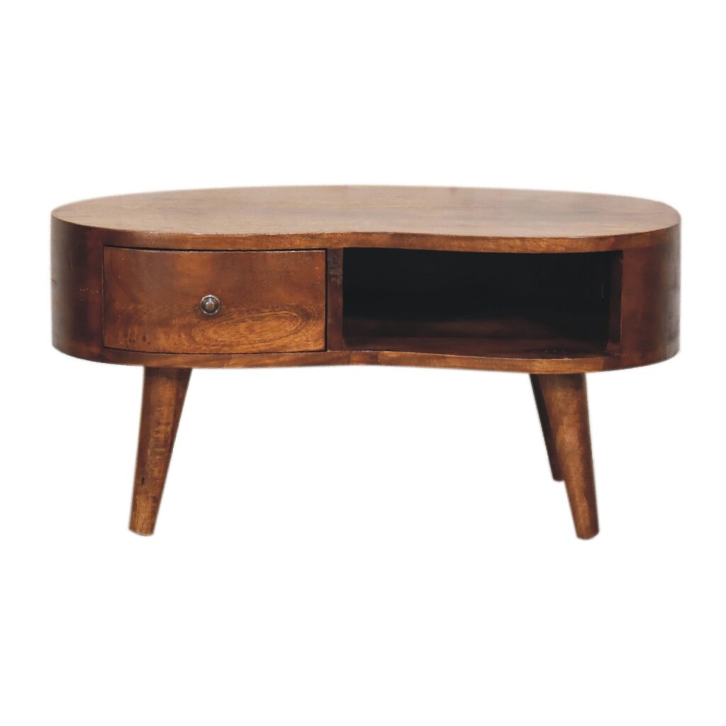 Solid Mango Wood Chesnut Finished 1 Drawer Mini Wave Coffee Table