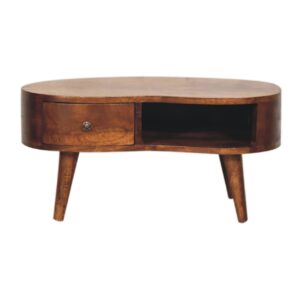 Solid Mango Wood Chesnut Finished 1 Drawer Mini Wave Coffee Table