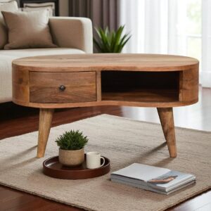 Solid Mango Wood Oak Finished 1 Drawer Mini Wave Coffee Table