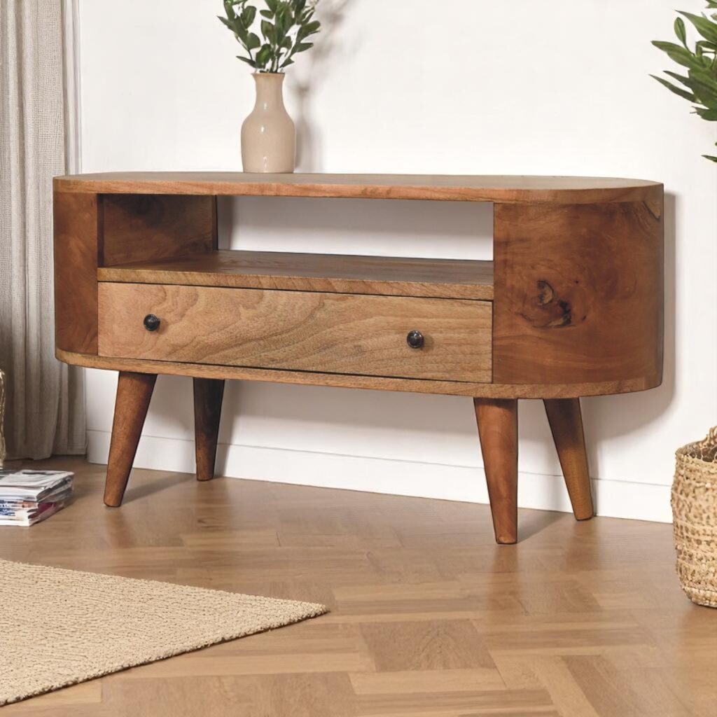 Solid Mango Wood Oak Finished 1 Drawer Mini Rounded Entertainment Unit