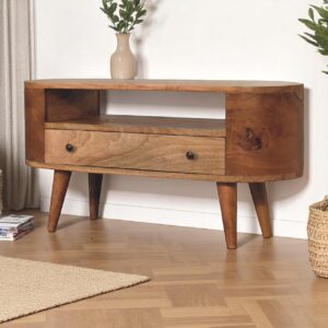 Solid Mango Wood Oak Finished 1 Drawer Mini Rounded Entertainment Unit