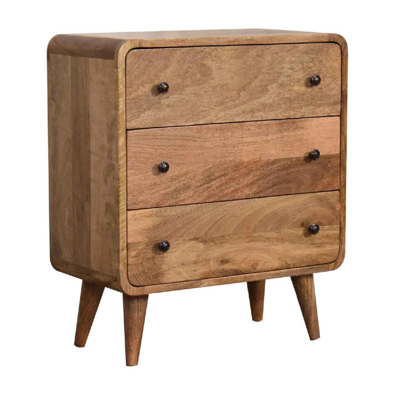 Solid Mango Wood Oak Finished 3 Drawer Mini Curved Chest - Image 2