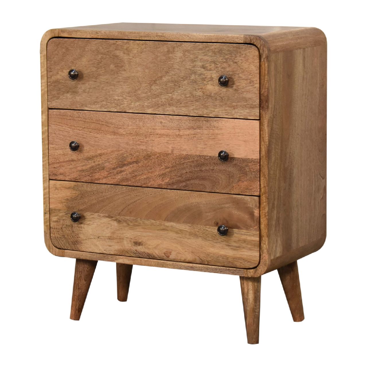 Solid Mango Wood Oak Finished 3 Drawer Mini Curved Chest - Image 3