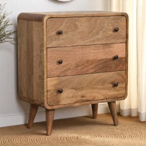 Solid Mango Wood Oak Finished 3 Drawer Mini Curved Chest