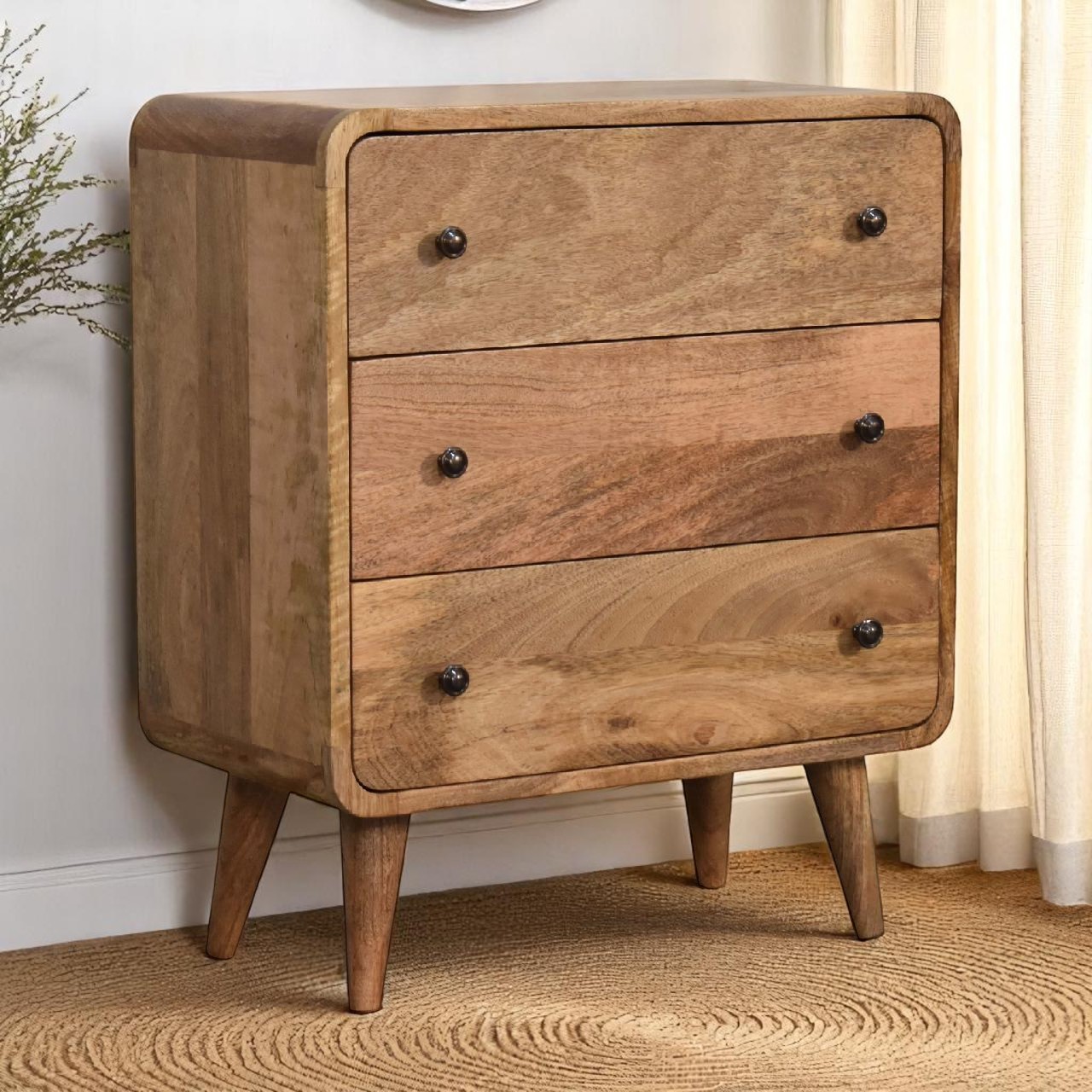 Solid Mango Wood Oak Finished 3 Drawer Mini Curved Chest