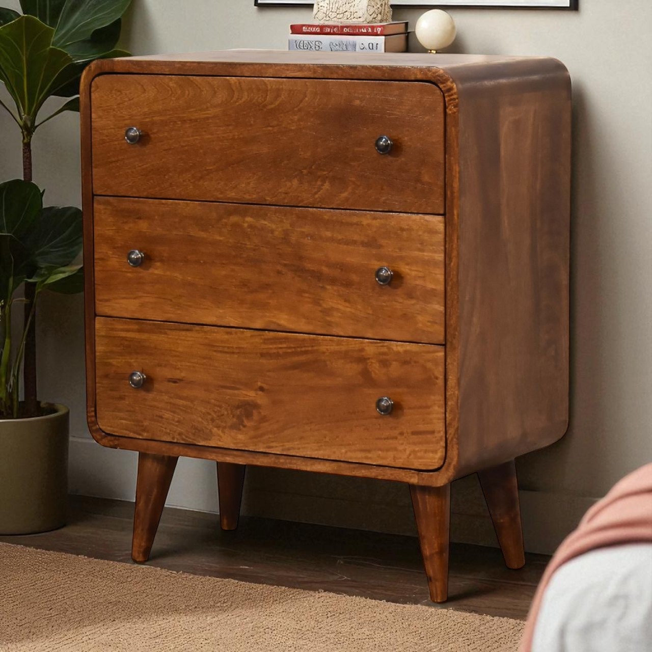 Solid Mango Wood Chestnut Finished 3 Drawer Mini Curved Chest