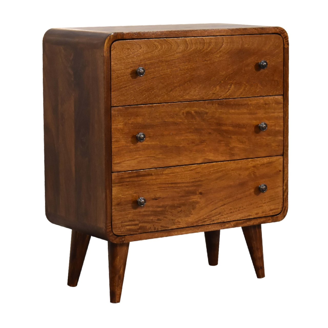 Solid Mango Wood Chestnut Finished 3 Drawer Mini Curved Chest - Image 3