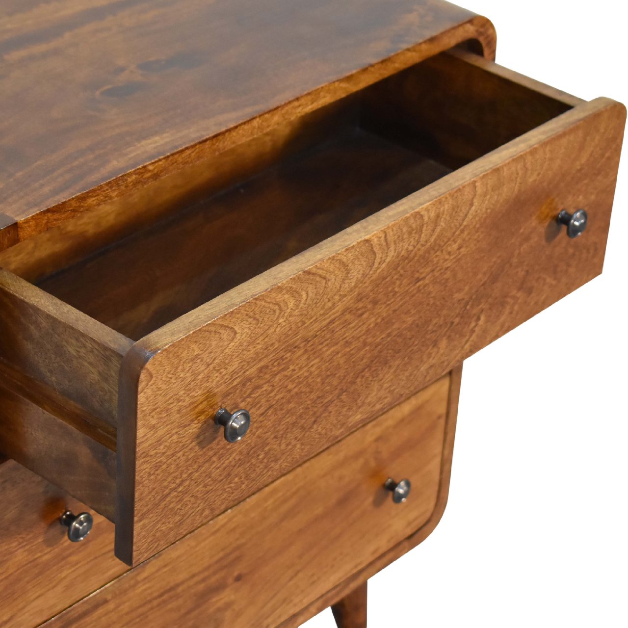 Solid Mango Wood Chestnut Finished 3 Drawer Mini Curved Chest - Image 6