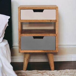 Solid Mango Wood Oak Finished & Hand Painted Grey and White Screen Printed Bedside