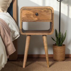 Solid Mango Wood Oak Finished 1 Drawer Curved Bedside