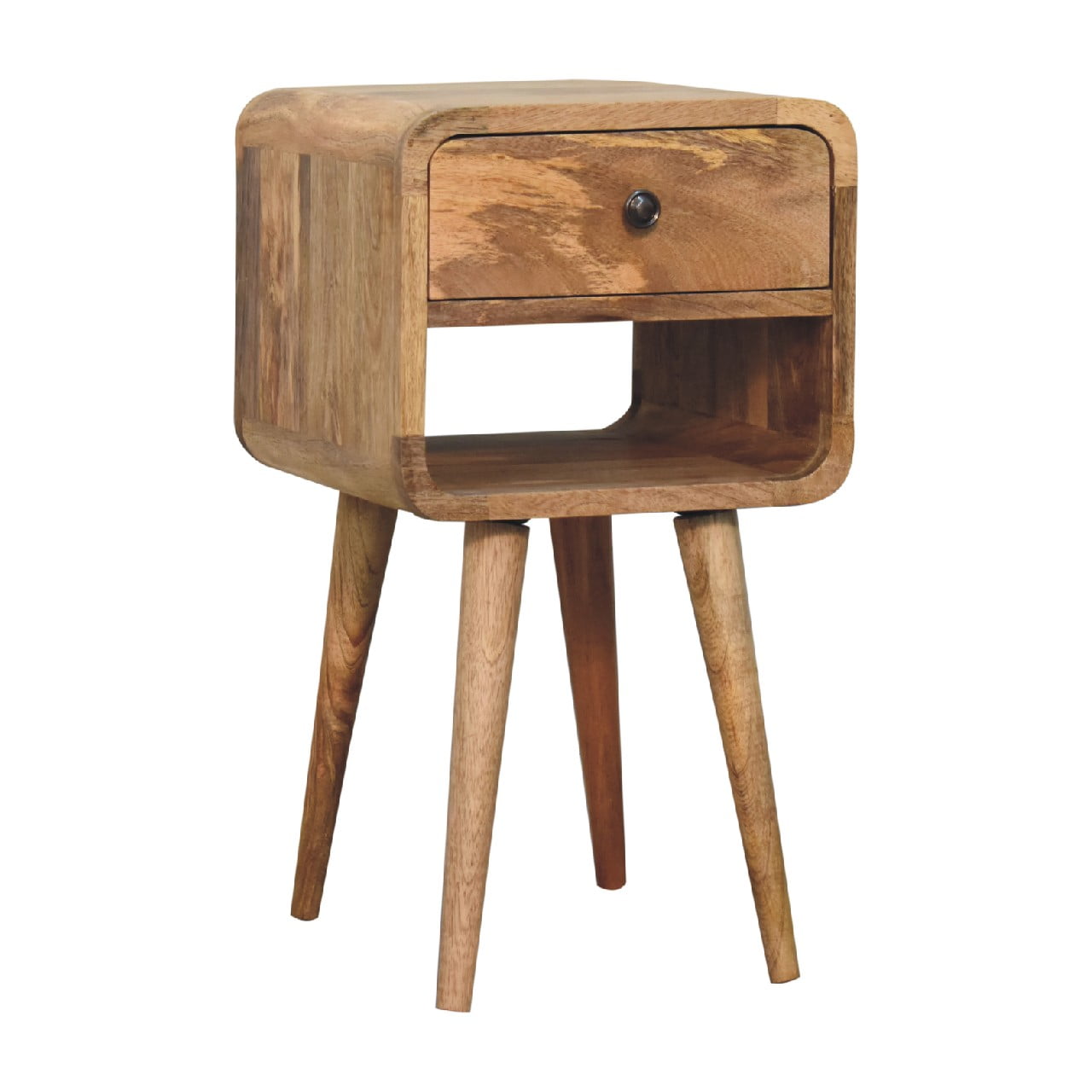 Solid Mango Wood Oak Finished 1 Drawer Curved Bedside - Image 3