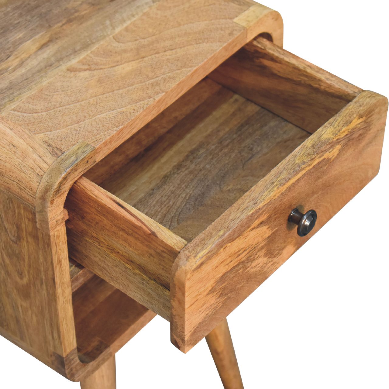 Solid Mango Wood Oak Finished 1 Drawer Curved Bedside - Image 5