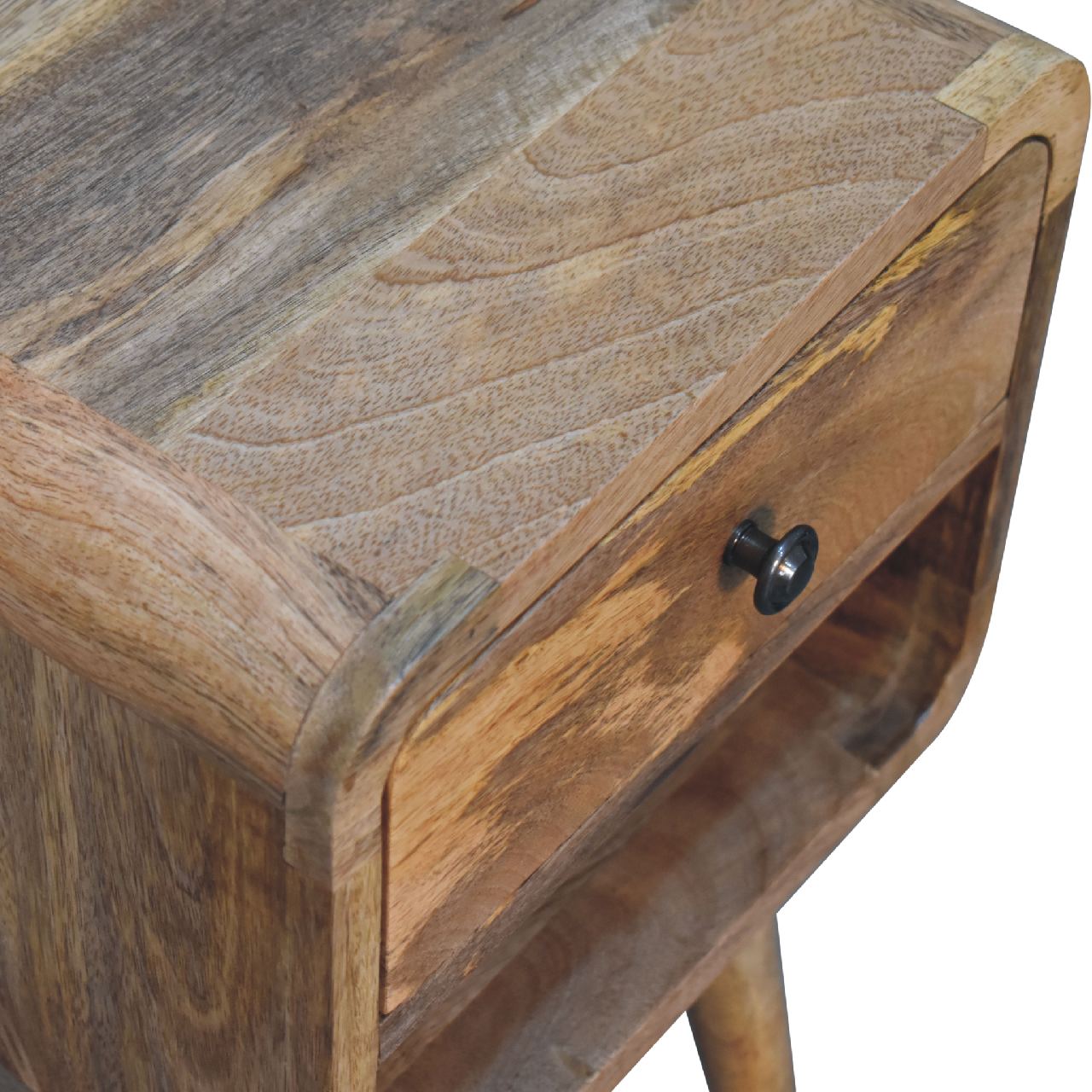 Solid Mango Wood Oak Finished 1 Drawer Curved Bedside - Image 6