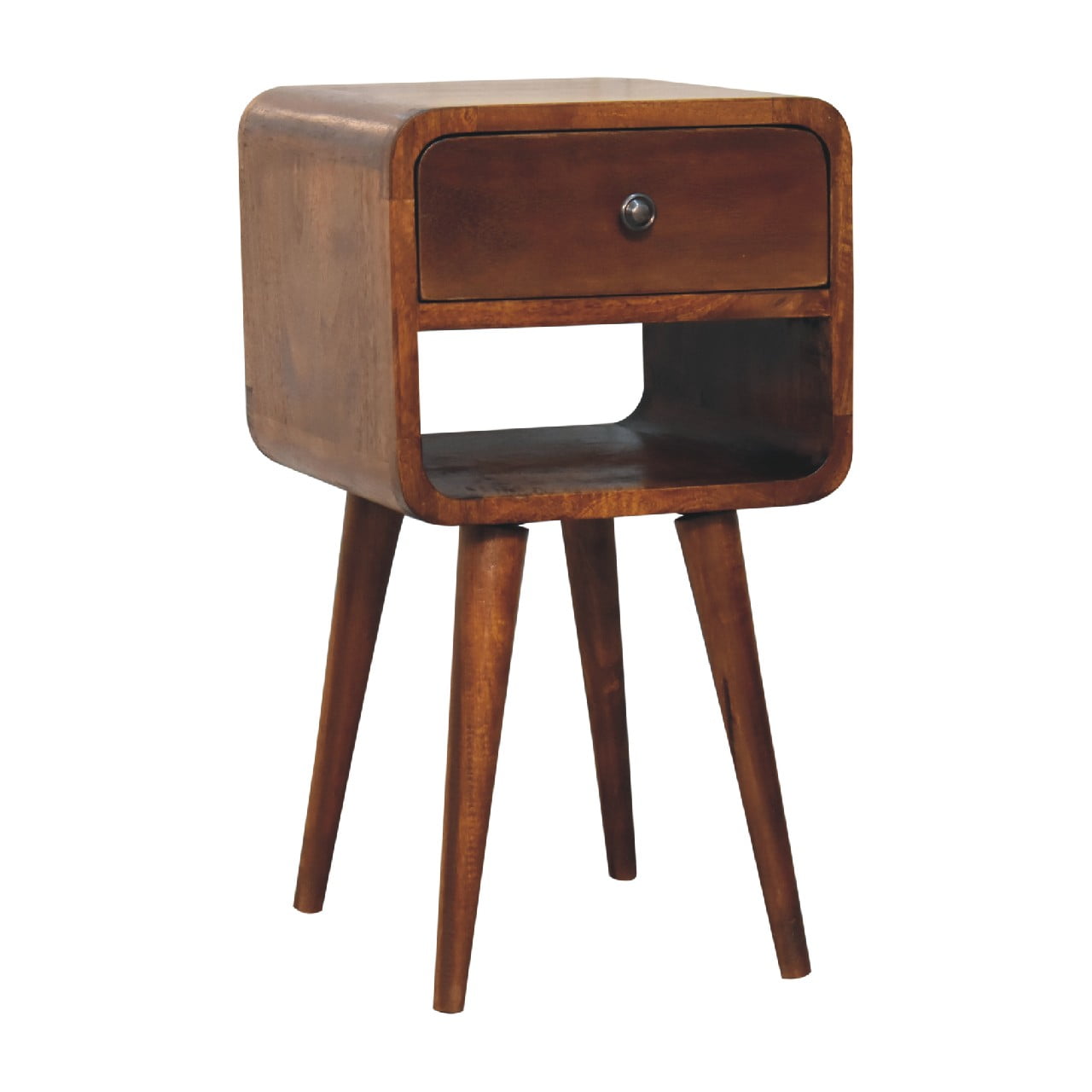 Solid Mango Wood Chestnut Finished 1 Drawer Mini Curved Bedside - Image 2