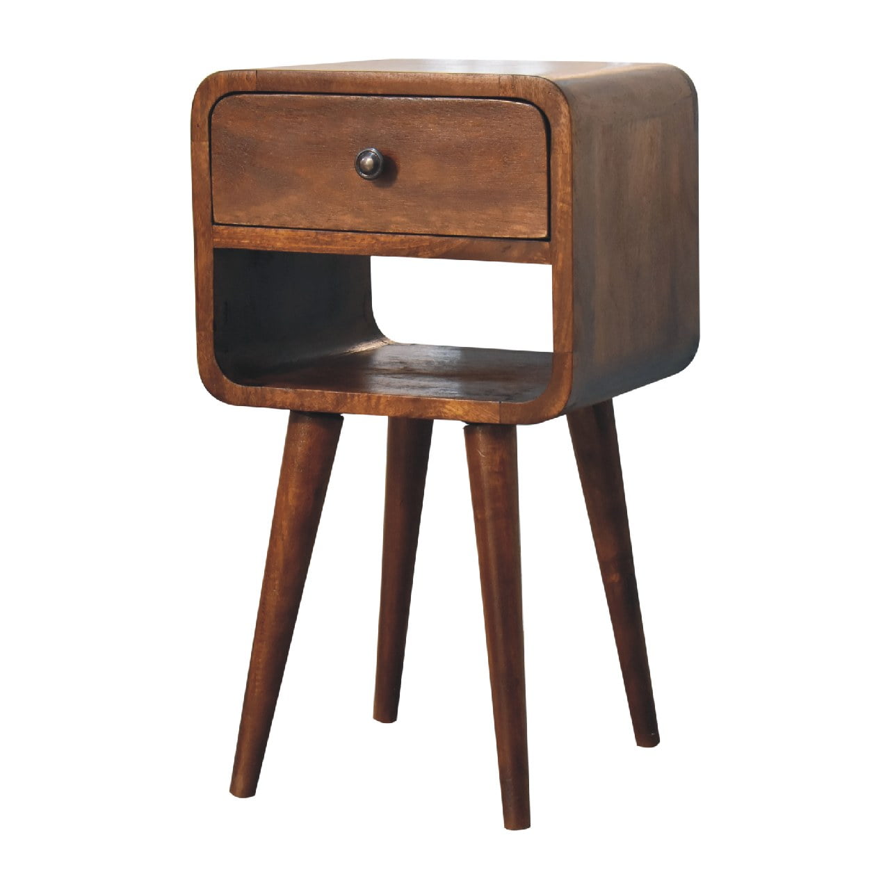 Solid Mango Wood Chestnut Finished 1 Drawer Mini Curved Bedside - Image 3