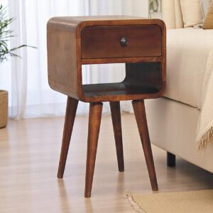Solid Mango Wood Chestnut Finished 1 Drawer Mini Curved Bedside