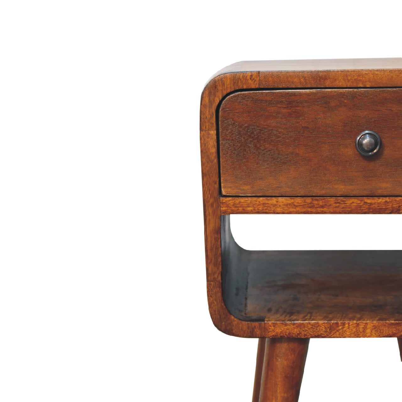 Solid Mango Wood Chestnut Finished 1 Drawer Mini Curved Bedside - Image 4