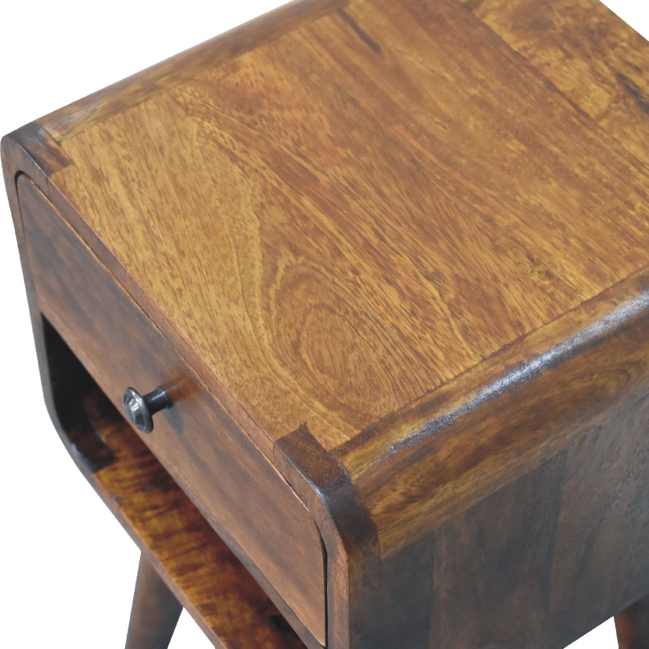 Solid Mango Wood Chestnut Finished 1 Drawer Mini Curved Bedside - Image 5