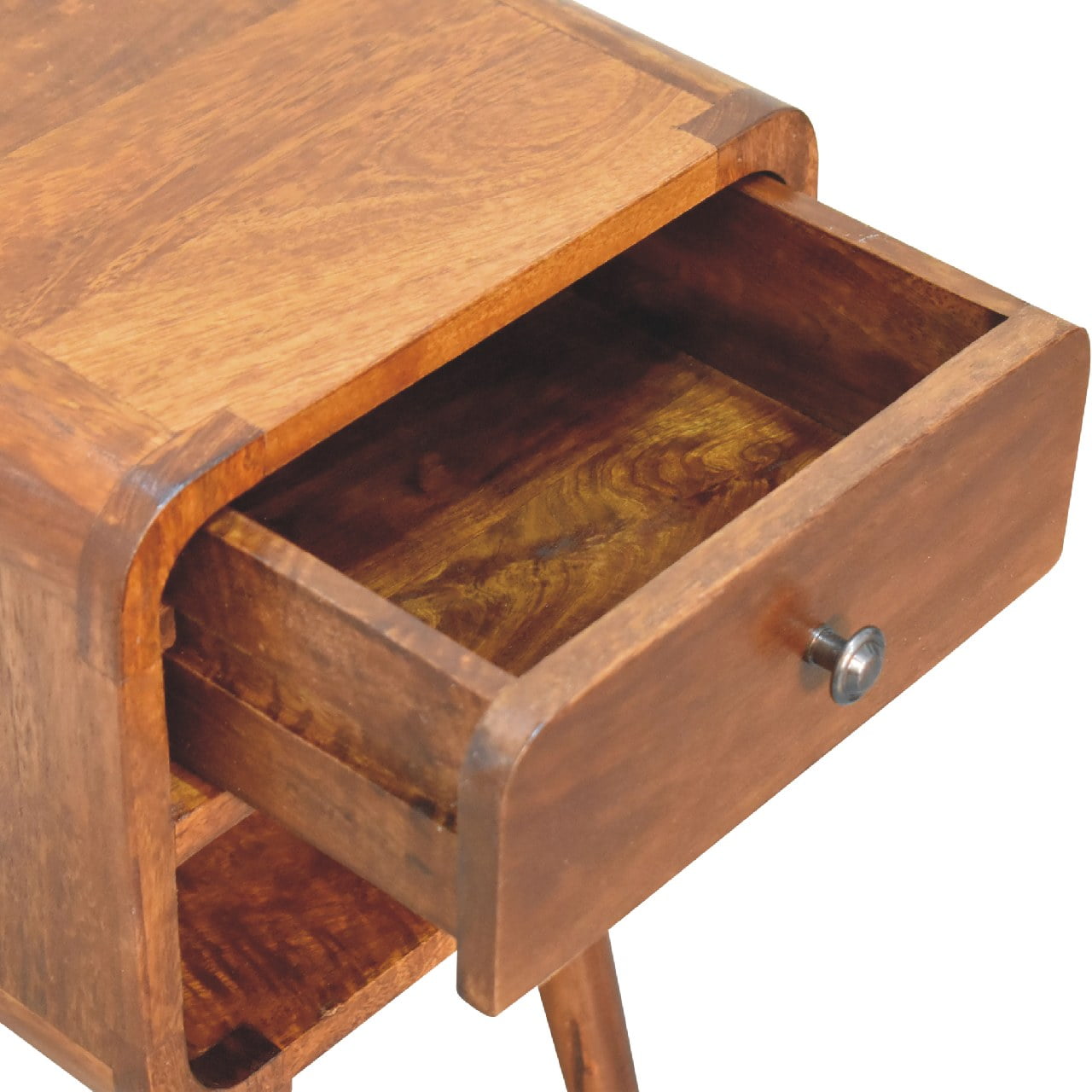 Solid Mango Wood Chestnut Finished 1 Drawer Mini Curved Bedside - Image 6