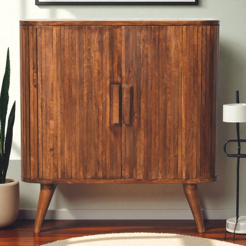 Solid Mango Wood Chestnut Finished Striped 2 Door Cabinet